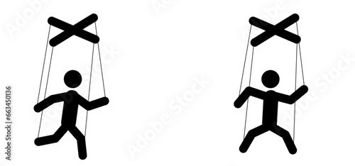 Cartoon stickman marionette controlled. Stick figure man, person puppet as a marionettes. Manipulation and influence playing concept. Play role with strings and wires. Hand manipulation concept.