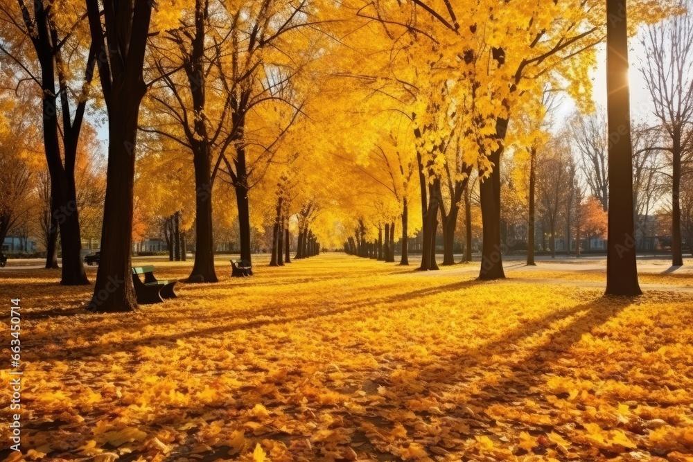 Beautiful Autumn Landscape with Sunlit Leaves