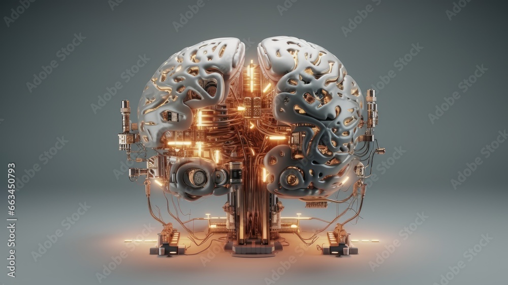 Vizualization of inside of glowing grey glowing cyber robotic metallic mechanical brain for AI technology and neural network innovations for robotic science