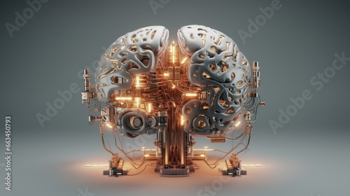 Vizualization of inside of glowing grey glowing cyber robotic metallic mechanical brain for AI technology and neural network innovations for robotic science