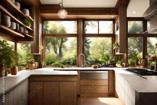 : Scenic kitchen with a window overlooking a lush garden, bringing the outdoors in.