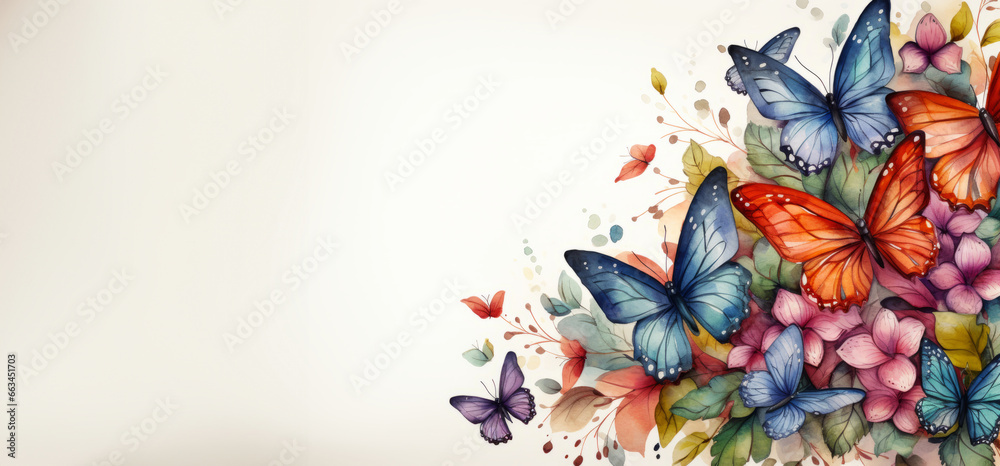 Watercolor butterfly border on white background