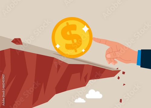 Finger pushing falling push Dollar from falling down the cliff. Currency crisis. Flat vector illustration