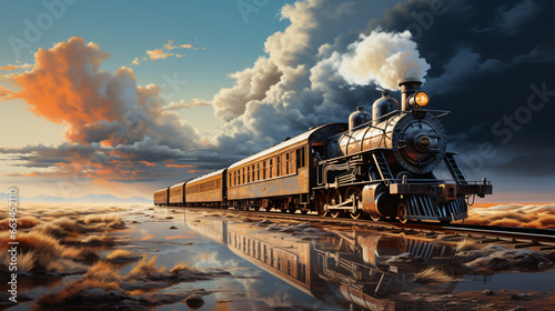 A majestic steam locomotive chugs along a scenic railway track, billowing clouds of steam and leaving a trail of nostalgic charm in its wake photo