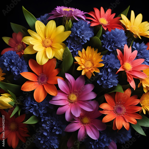 bouquet of brightly colored flowers against a black background. ai generative © Big