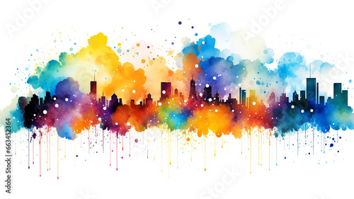 City buildings silhouette watercolor design isolated on white background paint splash. Metropolis concept. AI generated.