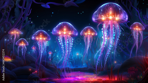 Glowing jellyfish hunt for food on the bottom of the sea. Sea animals concept. AI generated.