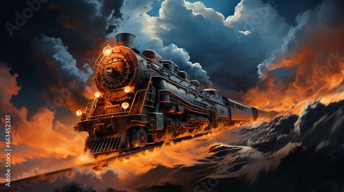 Vintage steam train on the railroad at sunset photo