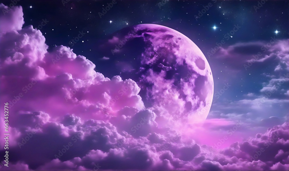 backgrounds night sky with stars and moon and clouds, purple tone. ai generative