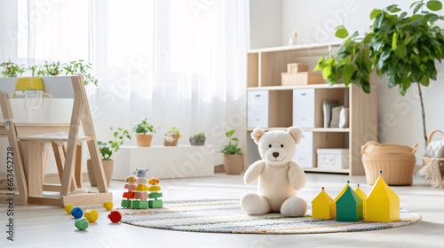 Interior of child room with teddy bear and wooden toy blocks