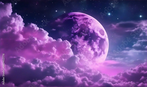 backgrounds night sky with stars and moon and clouds, purple tone. ai generative