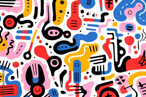 Bold graphics quirky doodle pattern, wallpaper, background, cartoon, vector, whimsical Illustration