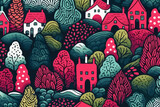 Landscaped yards quirky doodle pattern, wallpaper, background, cartoon, vector, whimsical Illustration