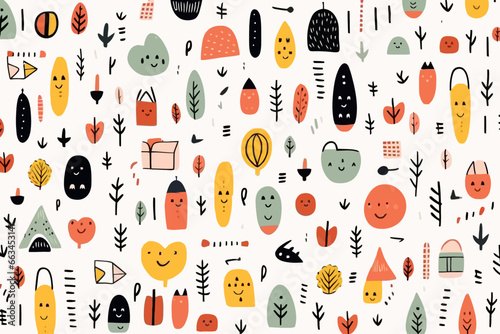 Minimalist icons quirky doodle pattern, wallpaper, background, cartoon, vector, whimsical Illustration