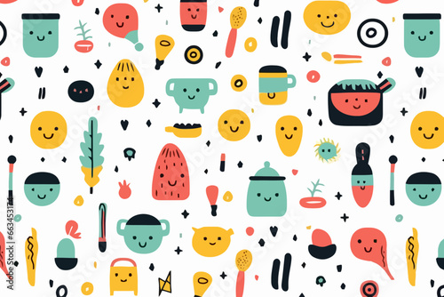 Minimalist icons quirky doodle pattern, wallpaper, background, cartoon, vector, whimsical Illustration