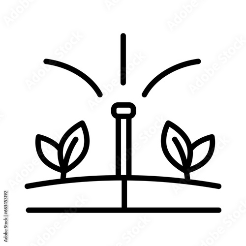 Lawn grass or field irrigation system icon. Garden irrigation automatic system, agriculture sprinkling technology or aquaponics vector icon. Agriculture watering equipment outline pictogram