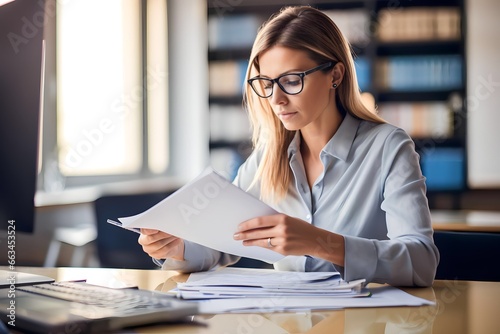 an Accountant woman studying annual reports in the office