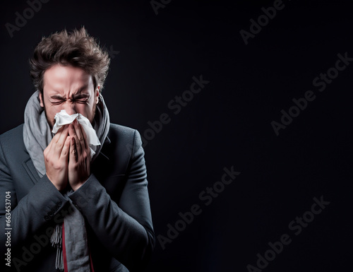 Man sneezing into a paper tissue. Concept of allergies, colds and getting sick. Shallow field of view with copy space. 