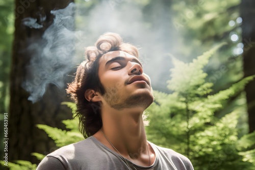 an American Man breathes fresh air in the forest