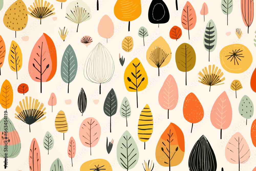 Neutral color palettes quirky doodle pattern, wallpaper, background, cartoon, vector, whimsical Illustration - obrazy, fototapety, plakaty 