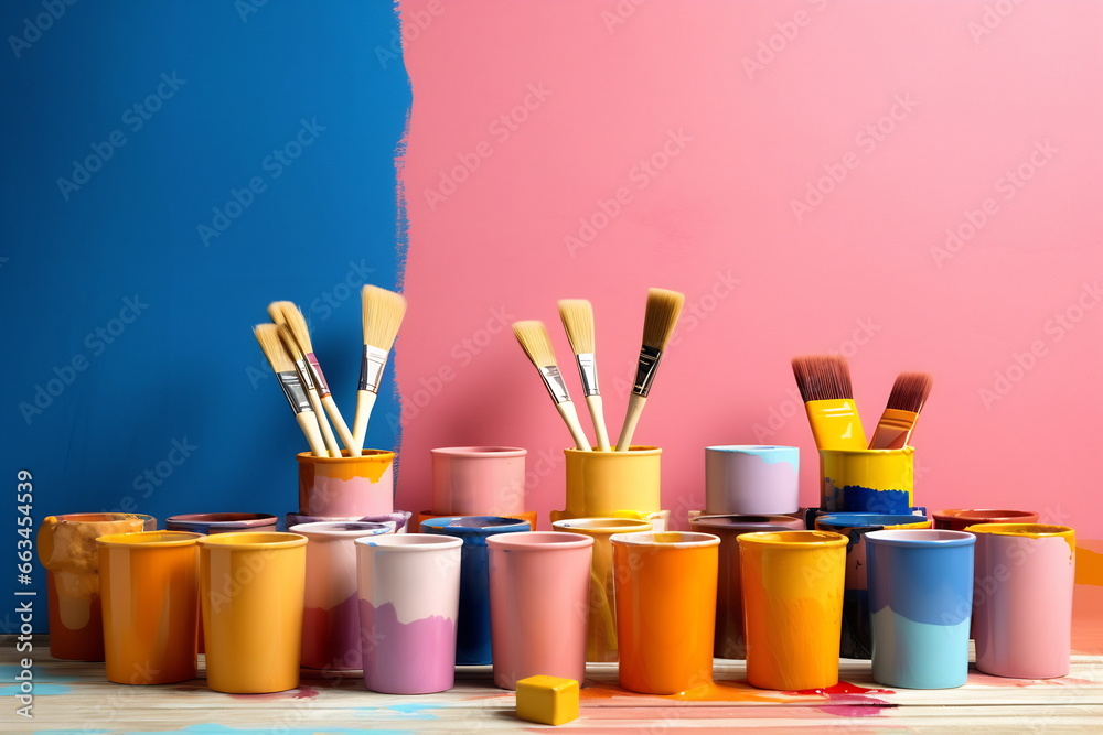 Paint cans ready to be used on pastel color palette background Paint cans ready to be used on pastel color palette background