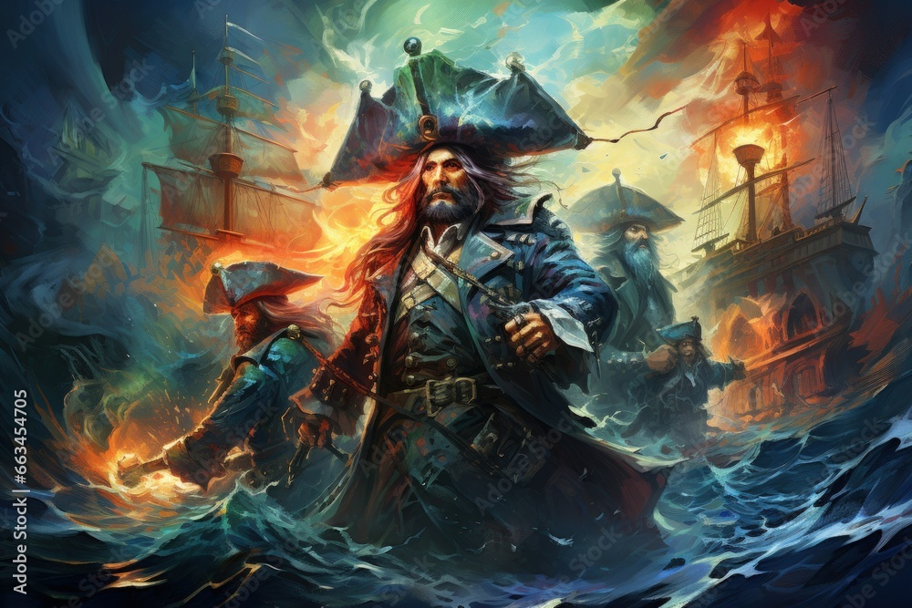 Naklejka premium Daring pirate captains sailing enchanted seas - Generative AI