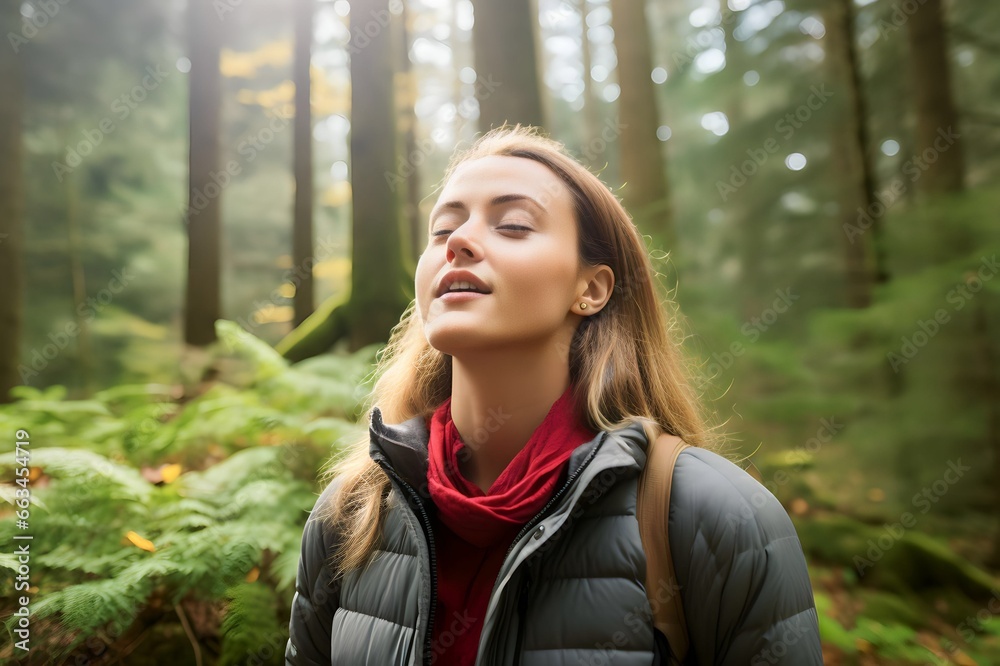 a woman breathes fresh air in the forest a woman breathes fresh air in the forest