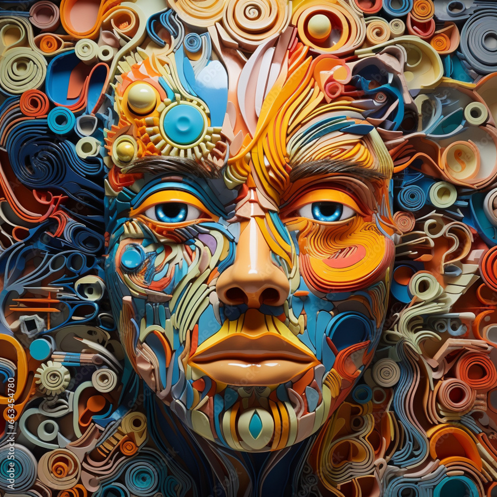 psychedelic, parallel world, abstract reality, parallel universe, psychedelic hallucination, colors,
a man's face, abstract shapes, Geometric shapes' own face, generative AI