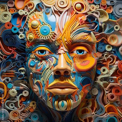 psychedelic, parallel world, abstract reality, parallel universe, psychedelic hallucination, colors, a man's face, abstract shapes, Geometric shapes' own face, generative AI © Rafaela