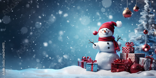 Blue Christmas card with snowman holding lots of presents. copy space. Generative Ai © trompinex