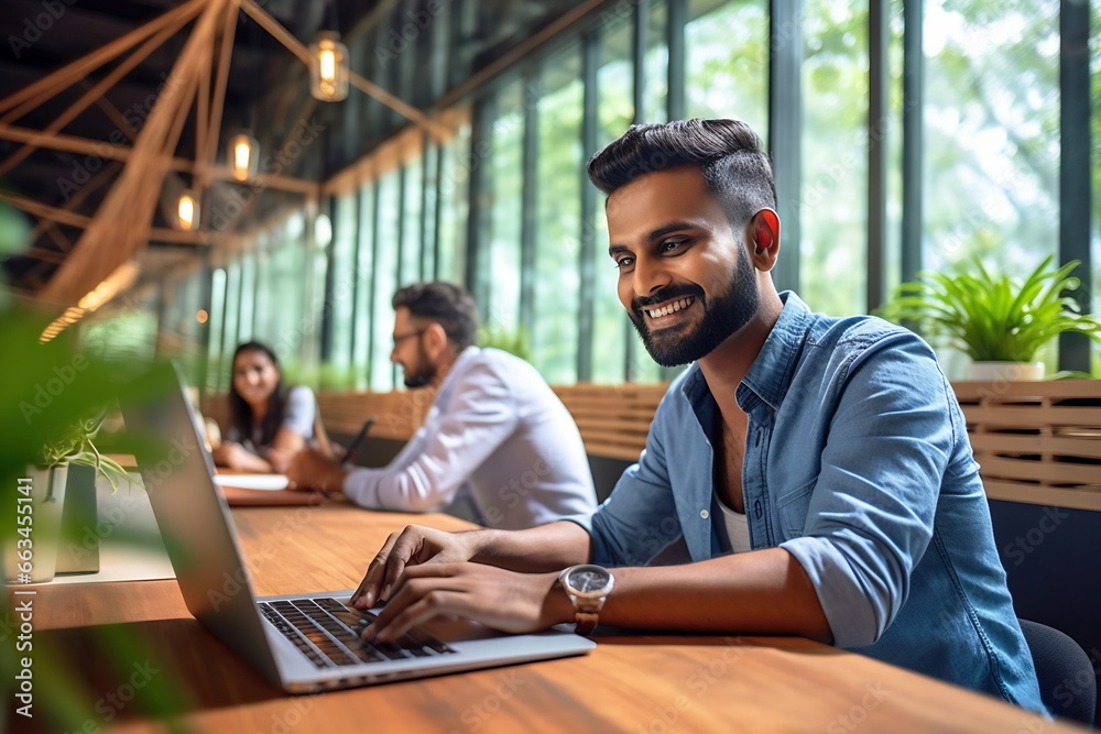 Indian man using laptop on the table near big window. Texting on laptop sending message or chatting with online social media. Indian man using laptop on the table near big window. Texting on laptop sending message or chatting with online social media.