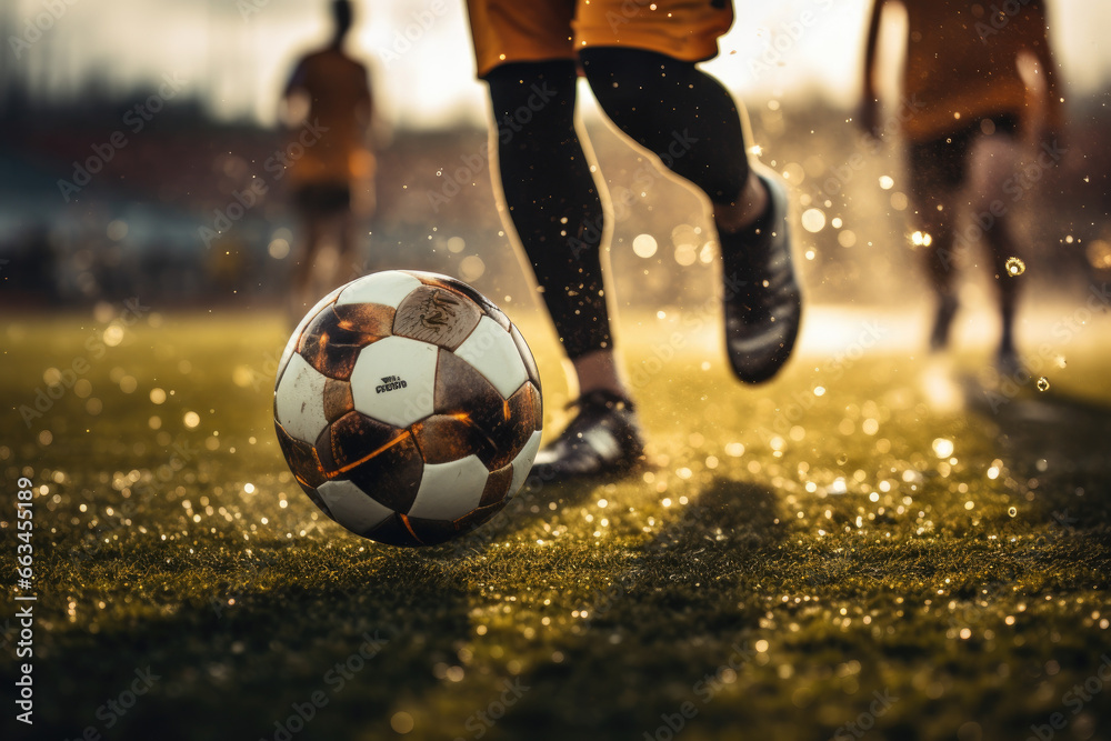 Soccer player kicking ball for a goal on stadium,training footballer kick the soccer.