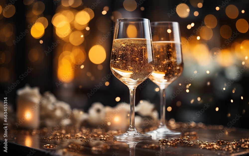 Two glasses of champagne over blur spots lights background. Celebration concept, free space for text generated with ia Two glasses of champagne over blur spots lights background. Celebration concept, free space for text generated with ia