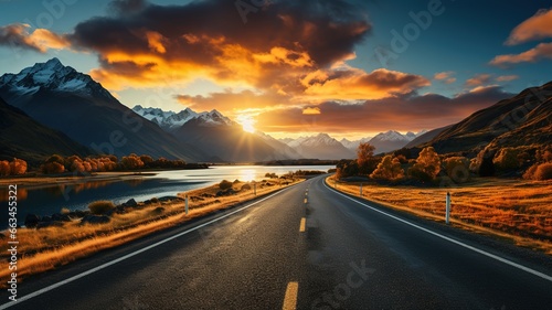road towards the horizon. next to a lake with a sunset in the background. orange colors. generated with ia