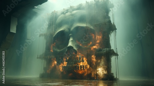 A raging inferno consumes a natural sanctuary as a blazing skull watches from within the burning building