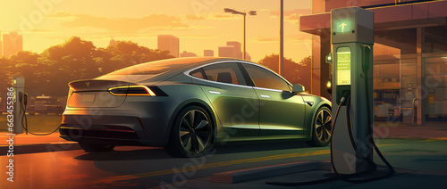An electric car is charging at an electric station in the city, sunset light, future technologies.