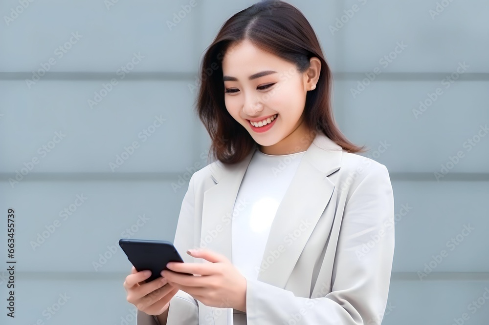 Beautiful Japanese woman tapping on a smartphone with copy space Beautiful Japanese woman tapping on a smartphone with copy space