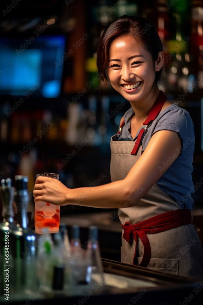 Young smiling japan bartender on the workplace. Shelves with bottles of alcohol in the background