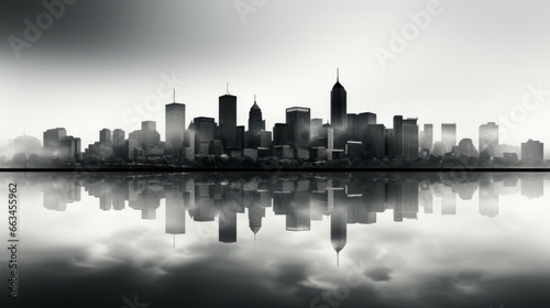 A monochrome cityscape shrouded in fog, the towering skyscrapers reflecting off the calm waters of the lake, creating a hauntingly beautiful reflection of the urban landscape
