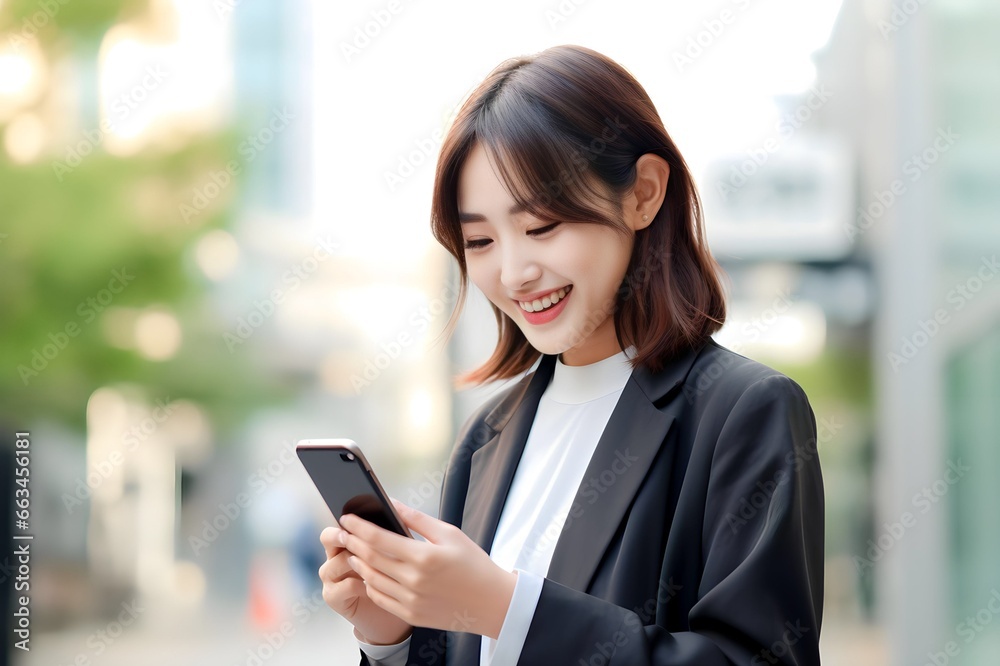 Beautiful Japanese woman tapping on a smartphone with copy space Beautiful Japanese woman tapping on a smartphone with copy space