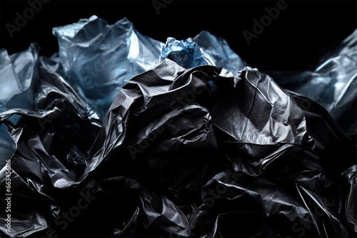 close up shot of crumpled plastic on black background
