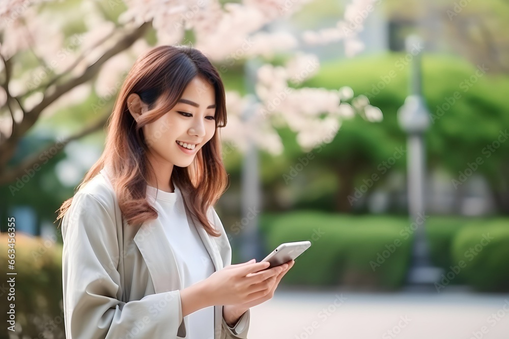 Beautiful Japanese woman tapping on a smartphone with copy space Beautiful Japanese woman tapping on a smartphone with copy space