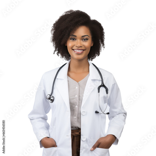 Black female doctor standing up, body view, smiling