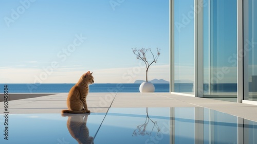 A curious feline gazes out the window, mesmerized by the breathtaking view of the endless sky and serene lake reflecting the world beyond, lost in a moment of wild wonder