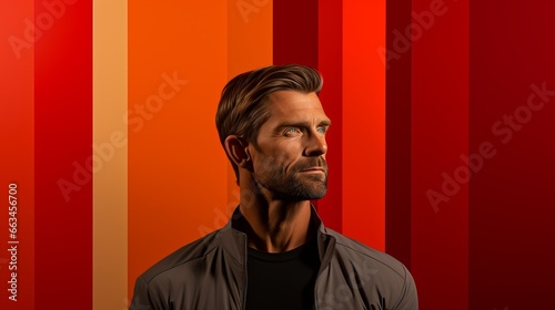 A curious man gazes upward against a fiery striped wall, his forehead creased with contemplation as he stands amidst a sea of vibrant red, creating a striking portrait of intensity