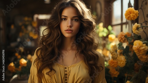 A fashion-forward woman adorned in yellow, her long curly hair cascading like wild roses, exudes an air of confidence and grace in an indoor portrait