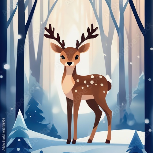 little deer in the winter forest. fabulous winter card. illustration in flat style. © Ирина Самойлова