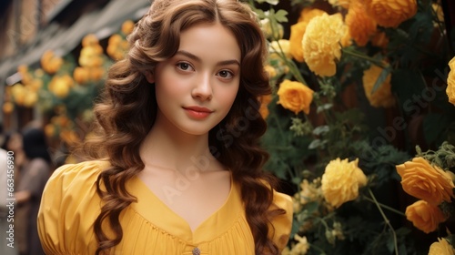 A lady in a flowing yellow dress stands in a field of roses, her hair dancing in the wind as she exudes confidence and grace in her fashionable attire