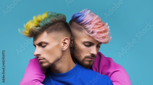 Couple of young men with bright hair and makeup close-up hugging on blue background