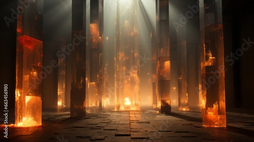 Amber flames dance on the pillars  casting a warm glow onto the outdoor night  as the heat of the fire ignites emotions within the room  illuminating the ground and filling the space